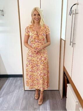 RIXO Yellow Floral Maxi Dress with Pink & Red Accents